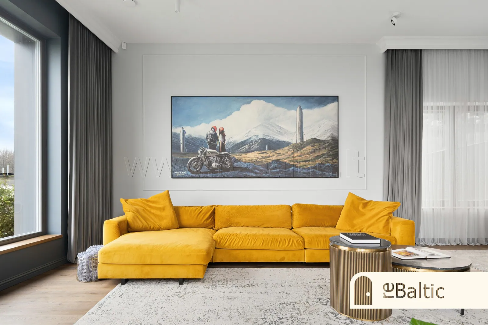 A living room where the window is the lake